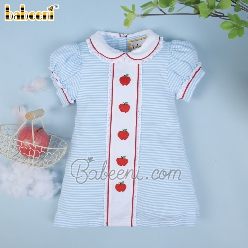 Red apple embroidery blue stripe knit girl dress - BB2161