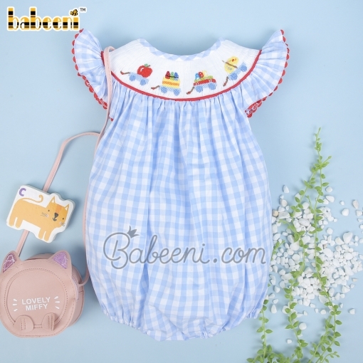 Back to school smocked girl bubble blue check - BB2155