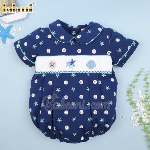 Boy bubble with embroidered navy starfish - BB1847