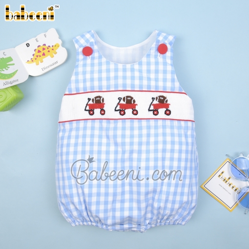 Smocked ball and trolley blue check boy bubble - BB1954