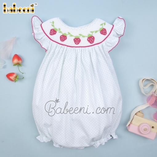 Strawberry smocked mint dotted girl bubble - BB2051