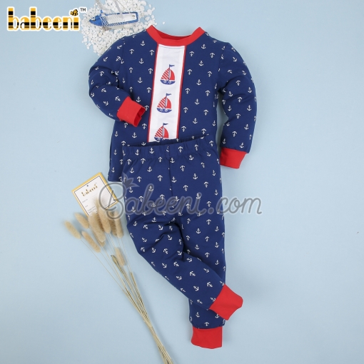 Nice embroidered boat boy navy long set - BB1906