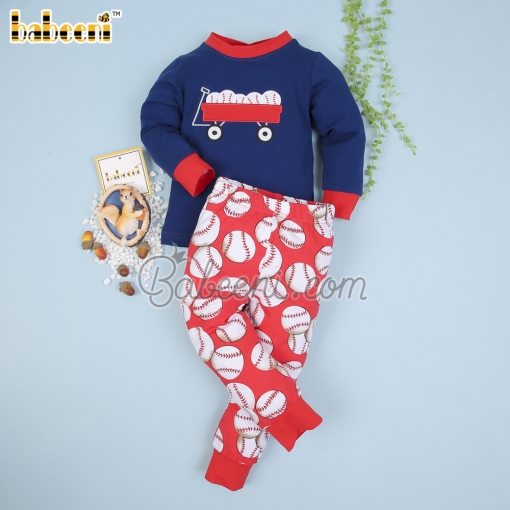 Appliqued baseball and trolley boy long navy and red set - BB1951