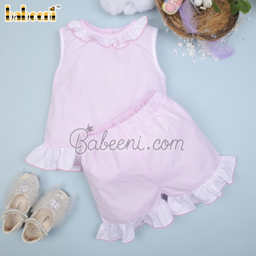 Pink gingham baby set clothing with ruffles on collar & top – BB2917