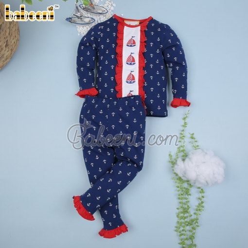 Lovely embroidered boat girl navy long set - BB1907