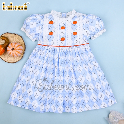 Embroidery pumpkin white and blue rhombus girl dress - BB1978