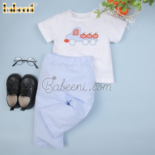 Cute appliqued pumpkins boy set baby blue gingham - BB2178A