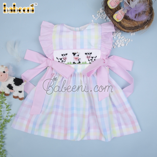 Cute Cow hand smocked girl bow dress – BB3024