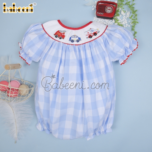 Car hand smocked girl bubble with red zigzag – BB3029