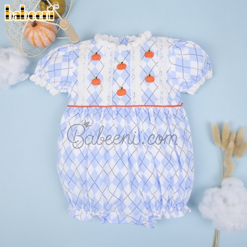 Embroidery pumpkin white and blue rhombus girl bubble - BB1977