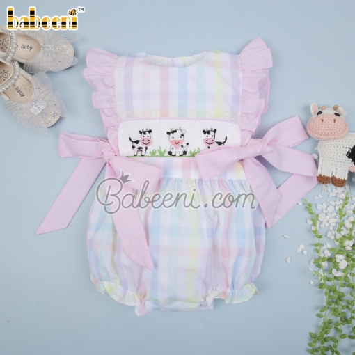 Cute Cow hand smocked girl bow bubble – BB3402