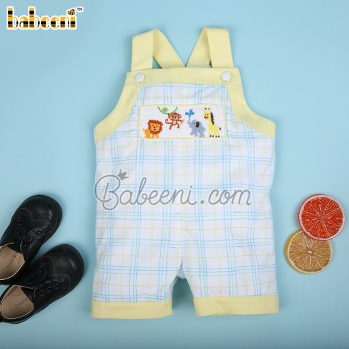 Animal hand smocked boy plaid shortall – BB3071A