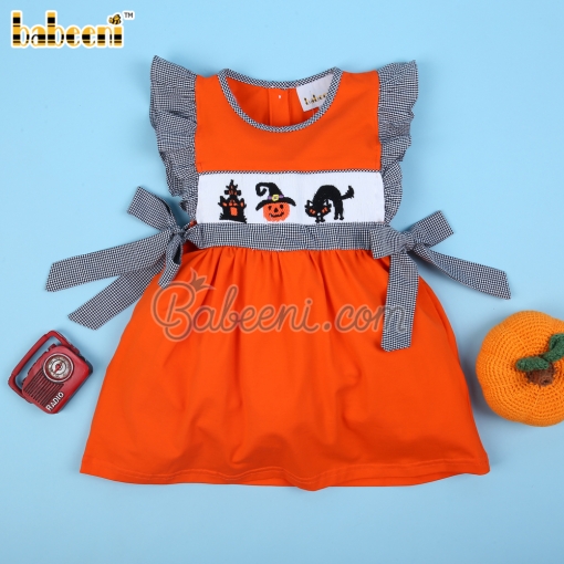 Halloween pattern hand smocked orange dress – BB3077
