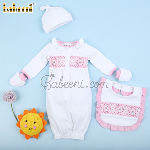 Pink geometric flower embroidery baby set – BB3087