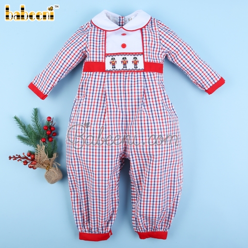Red and navy windowpane smocked boy bubble - BB3104