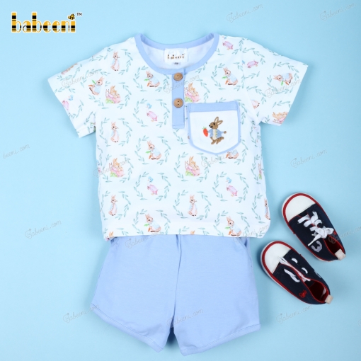 2 Pieces Rabbit Embroidery Blue On  White For Boy - BB3126