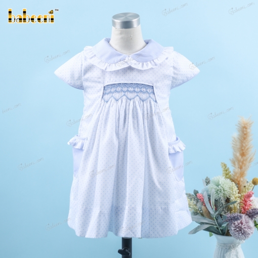 Geometric Smocked Dress Blue White Dots For Girl - BB3163