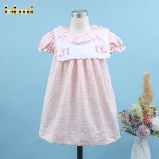 Machine Embroidery Dress In Pink With Bunny And Rose For Girl - BB3171