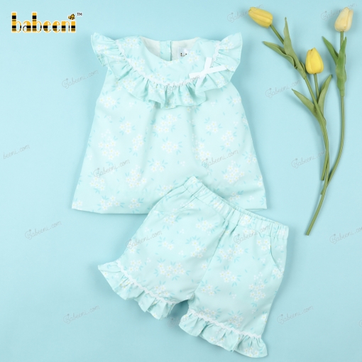 2 Piece Set In Blue Woven White Floral For Girl - BB3195