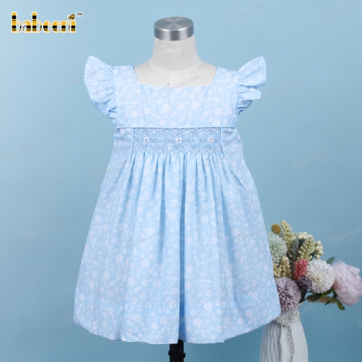 Geometric Smocked Dress In Blue With White Floral For Girl - BB3356