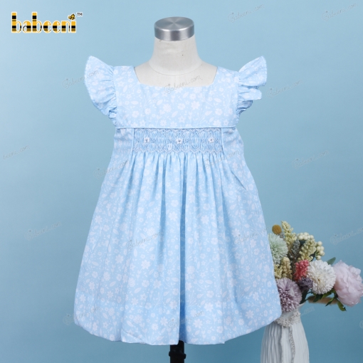 Geometric Smocked Dress In Blue With White Floral For Girl - BB3199