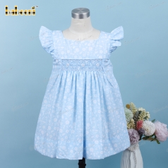 Geometric Smocked Dress In Blue With White Floral For Girl - BB3199 geometric-smocked-dress-in-blue-with-white-floral-for-girl---bb3199