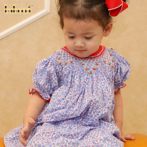 Cute tiny blue and red flower geometric smocked dress - BB1645