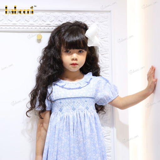 Geometric Smocked Belted Dress In Blue For Girl - BB3187