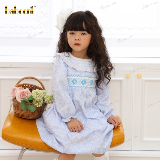 Geometric Smocked Belted Dress In Blue For Girl - BB3203