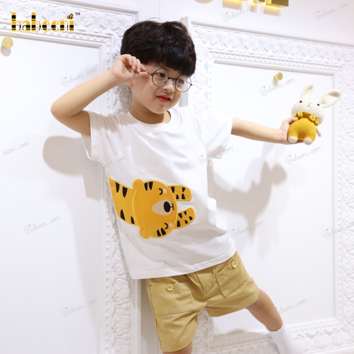 Applique Outfit White Top With Tiger For Boy - BB3175A