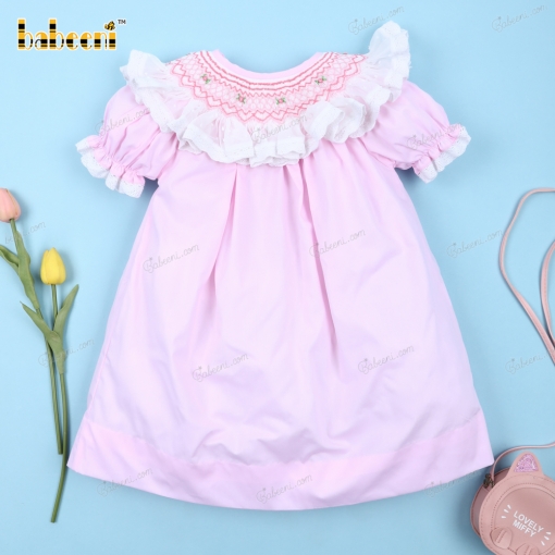 Pink Smocked Bishop Dress Hand Embroidery For Girl - BB3125