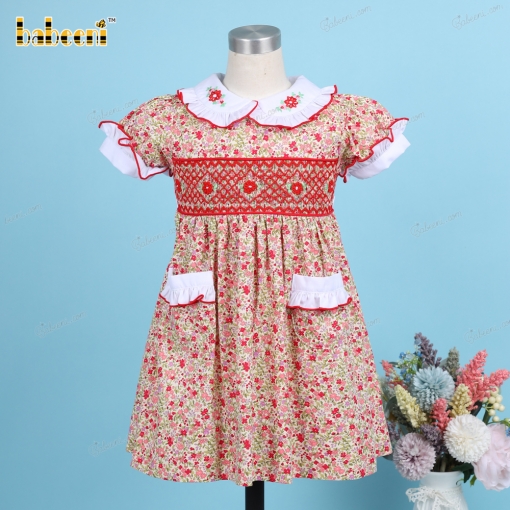 Geometric Dress In Red Floral And Flower Embroidery For Girl - BB3209