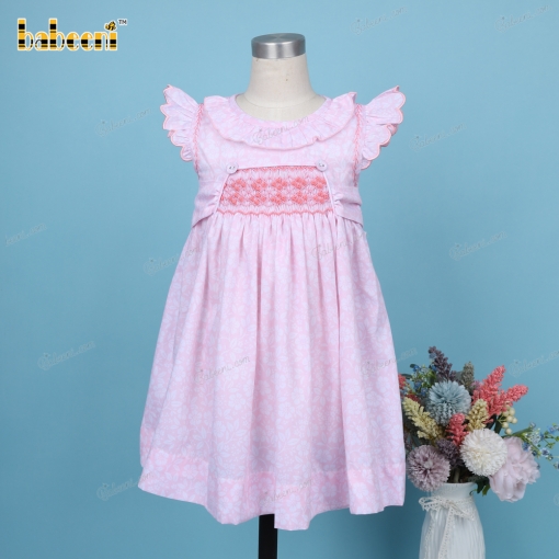 Geometric Smocked Belted Dress Pink Fox Eyes Button For Girl - BB3223