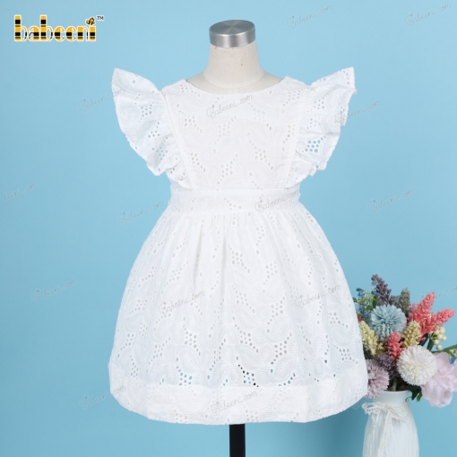 Plain White Belted Dress Embroidery fabric For Girl - BB3224