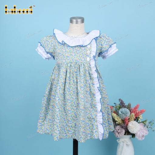 Plain Dress In Blue Floral And Fish Bone Embroidery Sleeve For Girl - BB3225