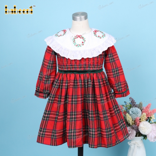 Hand Embroidery Dress Shirred In Red And Green For Girl - BB3228