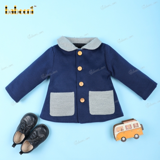 Overcoat In Navy Blue And Grey Accent For Girl - BB3230