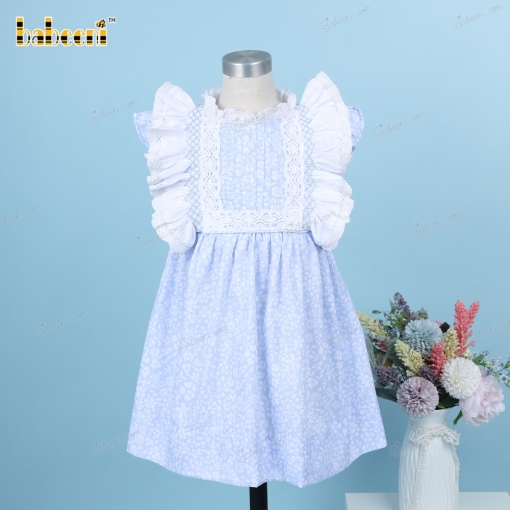 Geometric Smocked Belted Dress Blue Floral For Girl - BB3235