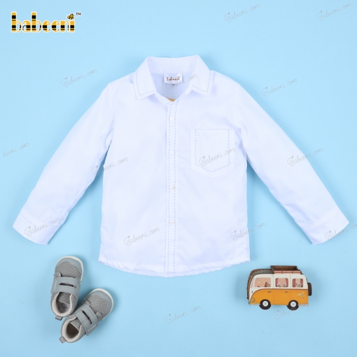 Shirt In Plain White Blue Stitching For Boy - BB3236