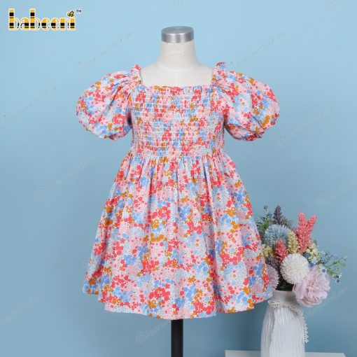 Shirred Dress In Colorful Flower Pattern For Girl - BB3261