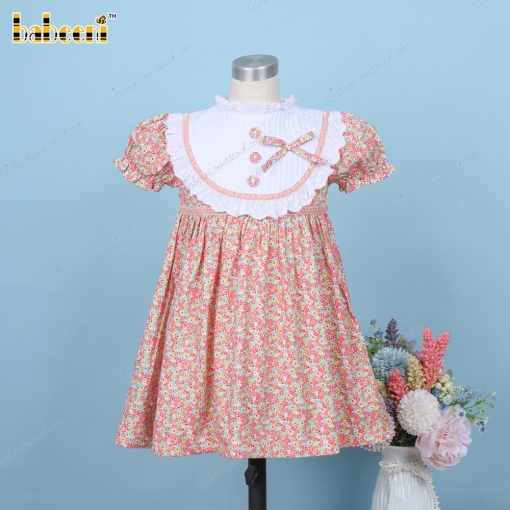 Plain Dress With Floral Pink Lace Around Neck For Girl - BB3263