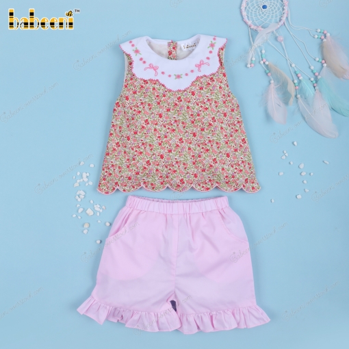 2 Piece Set With Embroider Flower Neck Floral Top For Girl - BB3266