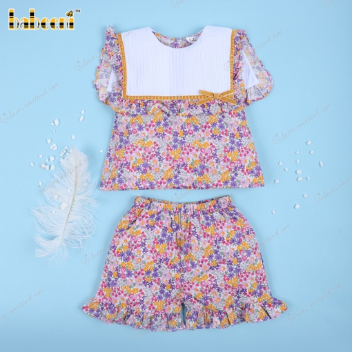 2 Piece Set Purple Floral Yellow Line Bow Accent For Girl - BB3268