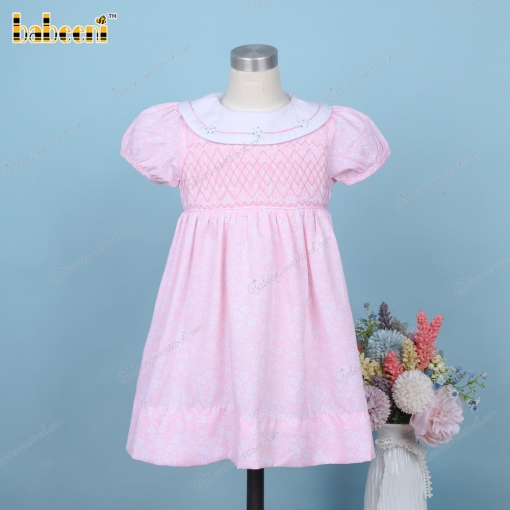 Geometric Smocked Bleted Dress Pink White Neck Embroidery For Girl - BB3277