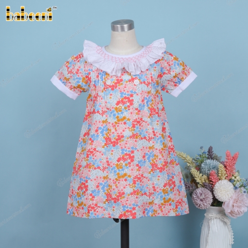 Geometric Smocked Dress Colorful Floral White Neck For Girl - BB3278