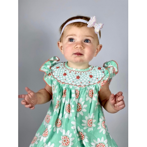 Geometric Smocked Dress In Green And Red Embroidery Flower For Girl