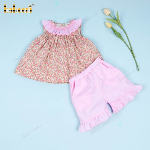 Geometric 2 Piece Set Pink Floral Pink Neck For Girl - BB3283