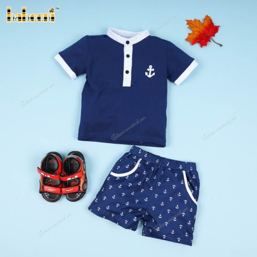 2 Piece Set Navy Blue Anchor Crochet Embroidery For Boy - BB3289
