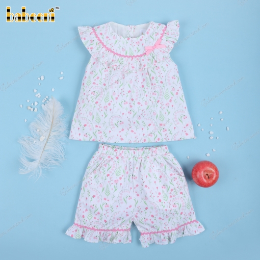 2 Piece Set Floral Pattern Pink Line And Bow For Girl - BB3273