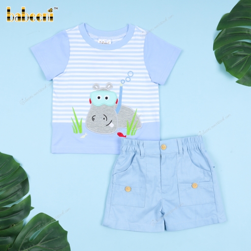 Applique Oufit Hippo Baby Blue For Boy - BB3301